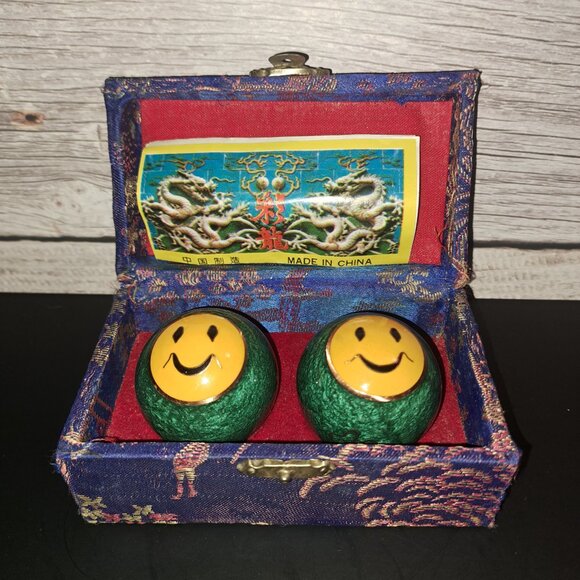 Vintage Chinese Baoding Shouxing Relief Ringing Green Iron Balls "Happy Face"